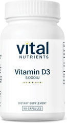 Vital Nutrients Vitamin D 5000 IU bottle shows daily bone and immune support.