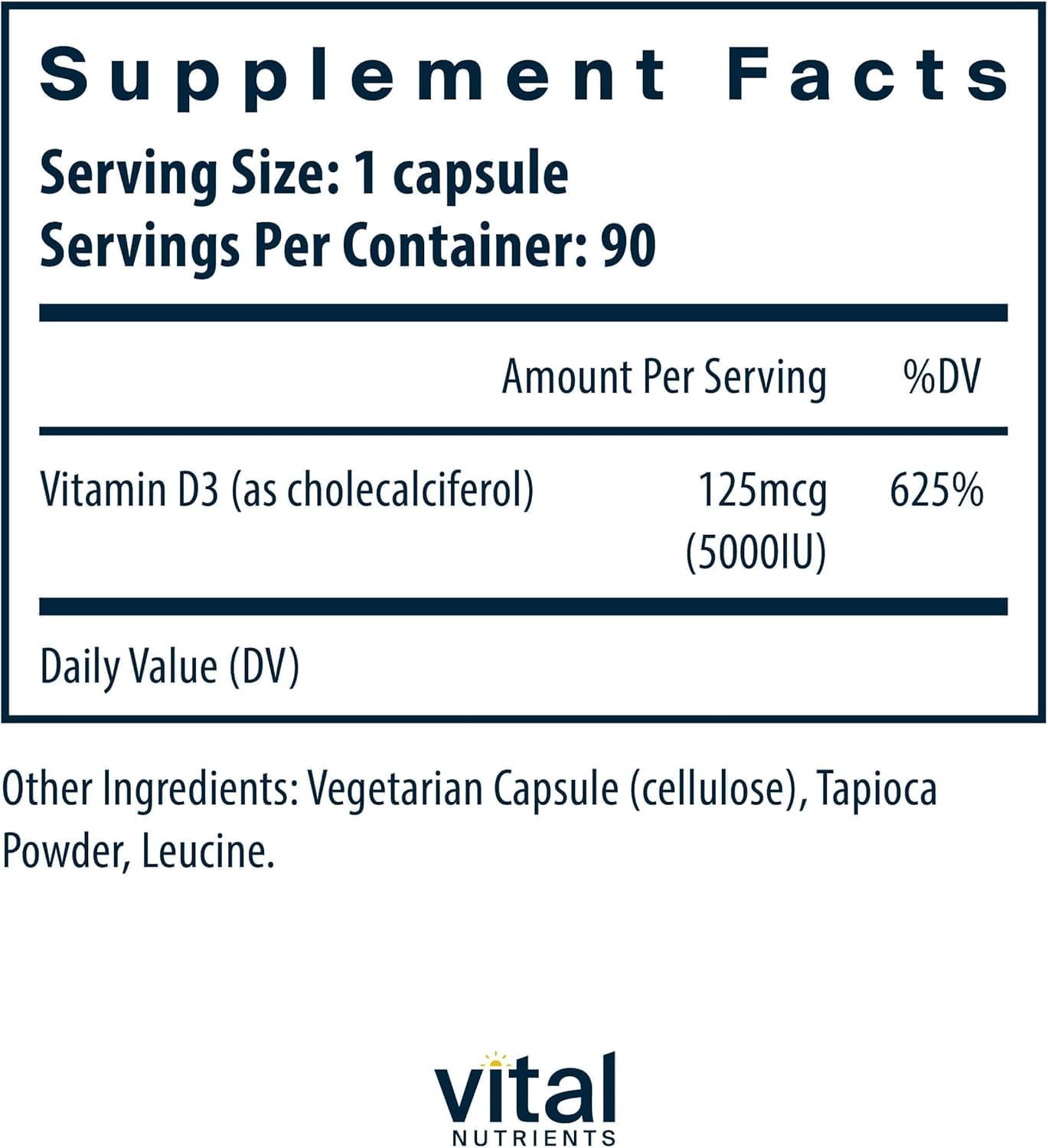 Vital Nutrients Vitamin D 5000 IU capsule demonstrates easy-to-swallow daily D3 dose.