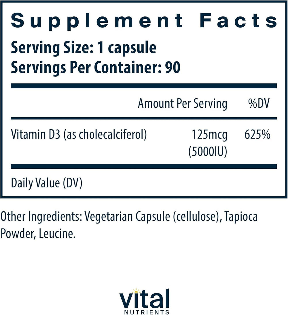 Vital Nutrients Vitamin D 5000 IU capsule demonstrates easy-to-swallow daily D3 dose.