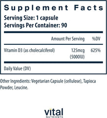 Vital Nutrients Vitamin D 5000 IU capsule demonstrates easy-to-swallow daily D3 dose.