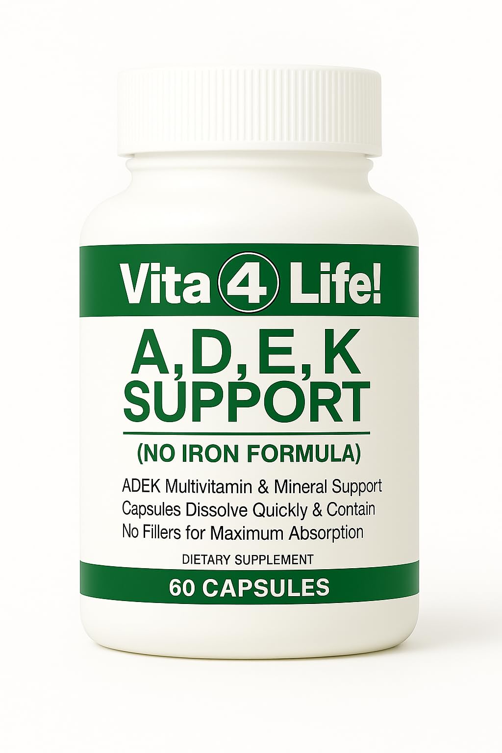 Vita4Life ADEK bottle front showing fast-dissolving vitamins for post-surgery support