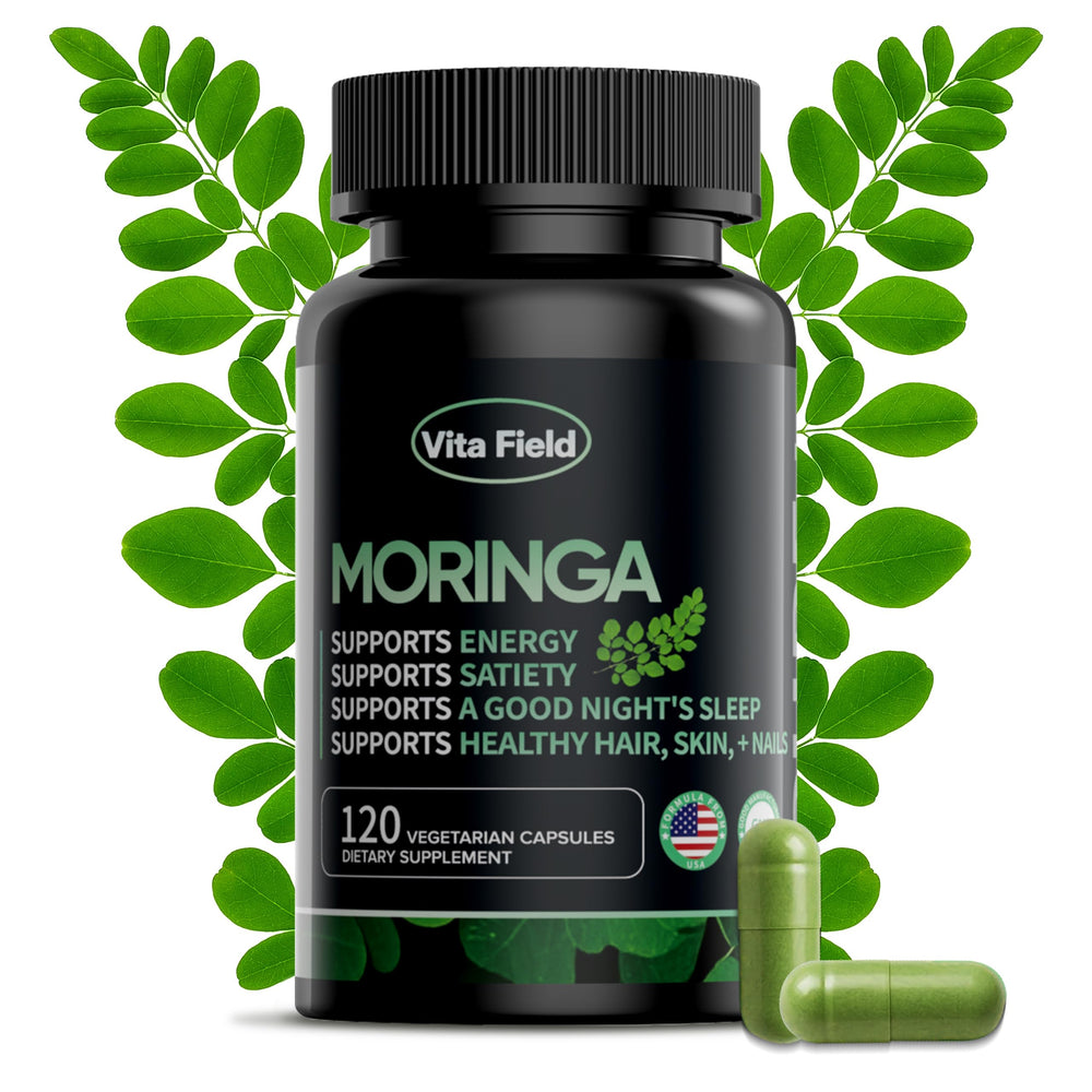 Vita Field Moringa capsules bottle shown for daily energy support.