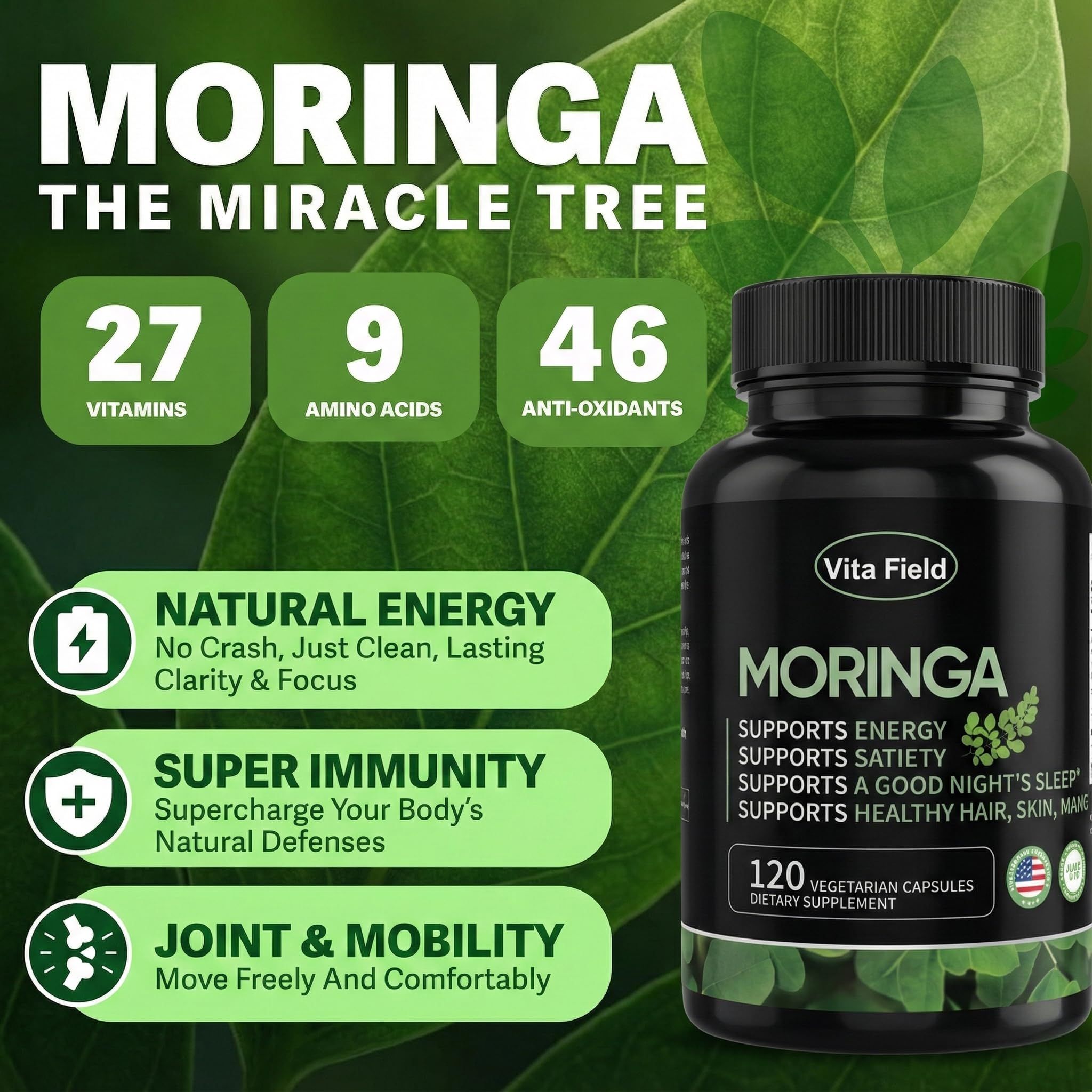 Close-up of Vita Field Moringa capsule highlighting pure moringa leaf powder.