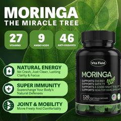Close-up of Vita Field Moringa capsule highlighting pure moringa leaf powder.