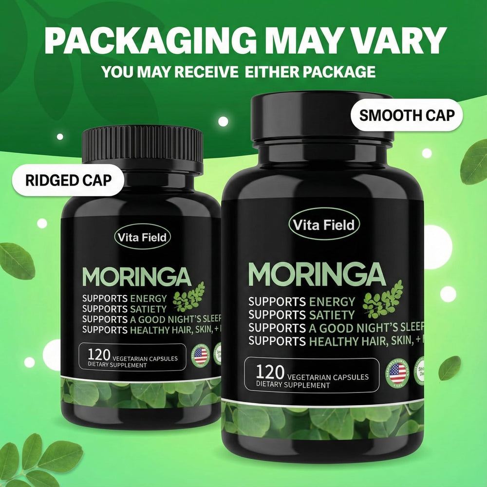 Ingredients panel of Vita Field Moringa capsules showing natural sourcing.