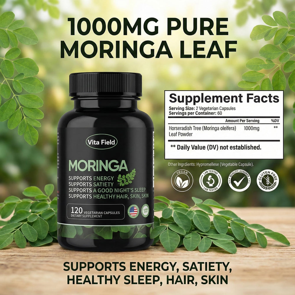 Senior user taking Vita Field Moringa capsule for a simple routine.