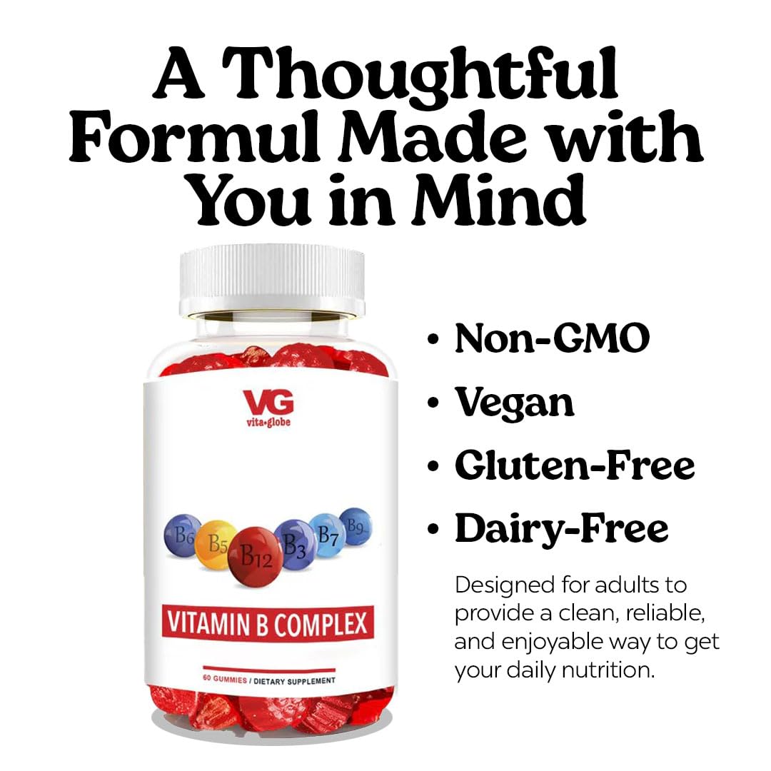 VITA GLOBE B-Complex gummies ingredients panel emphasizes Vitamin C and essential B vitamins