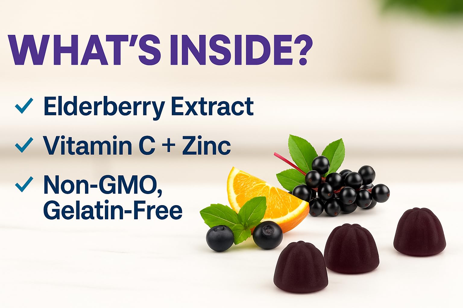 VITA GLOBE Elderberry Gummies ingredients panel showing elderberry extract and nutrients for immunity support