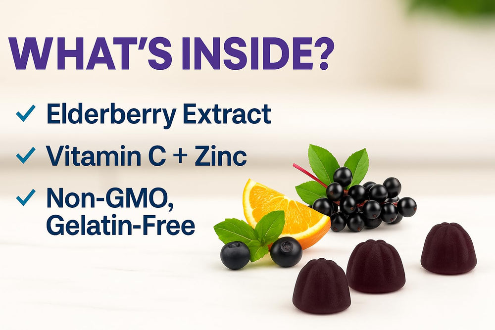 VITA GLOBE Elderberry Gummies ingredients panel showing elderberry extract and nutrients for immunity support