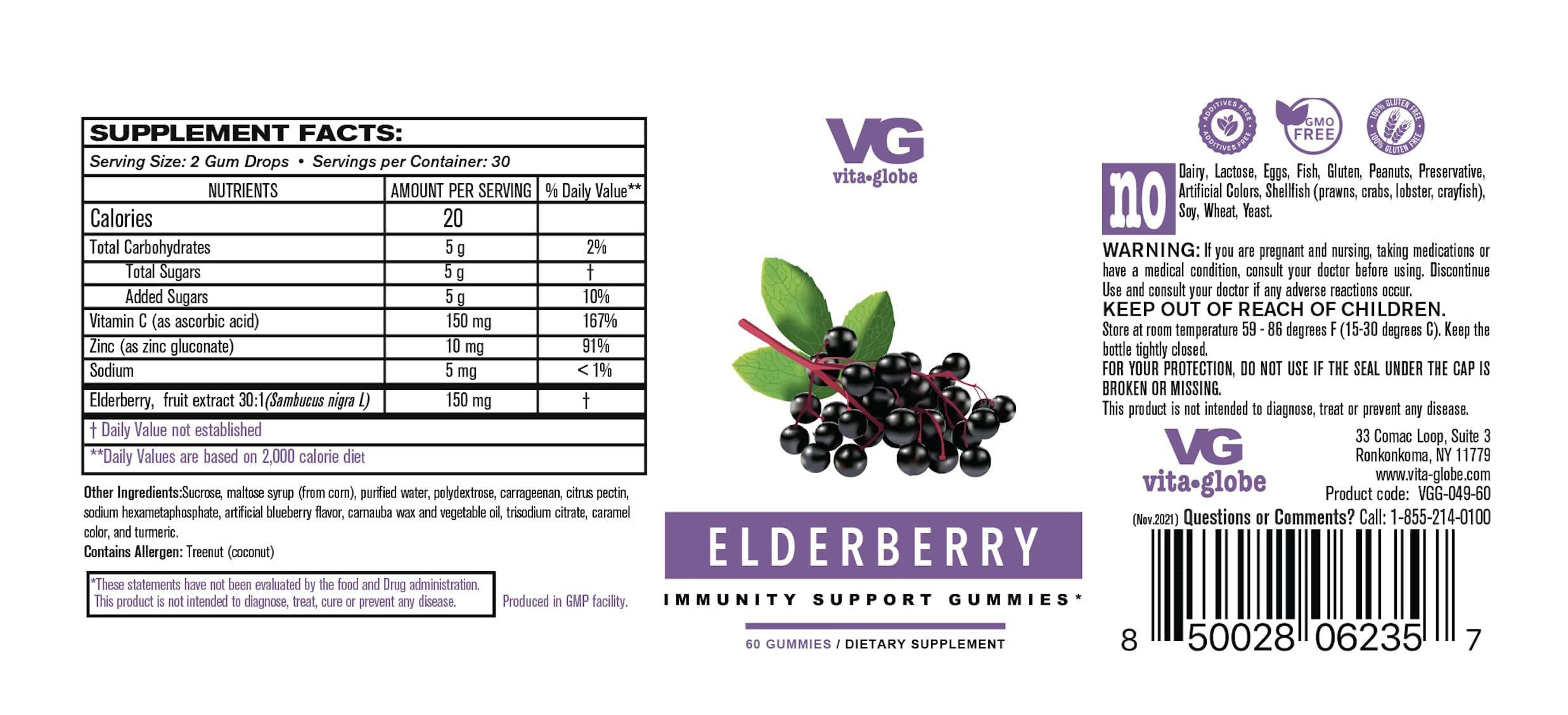 VITA GLOBE Elderberry Gummies label closeup highlighting vitamin C and zinc