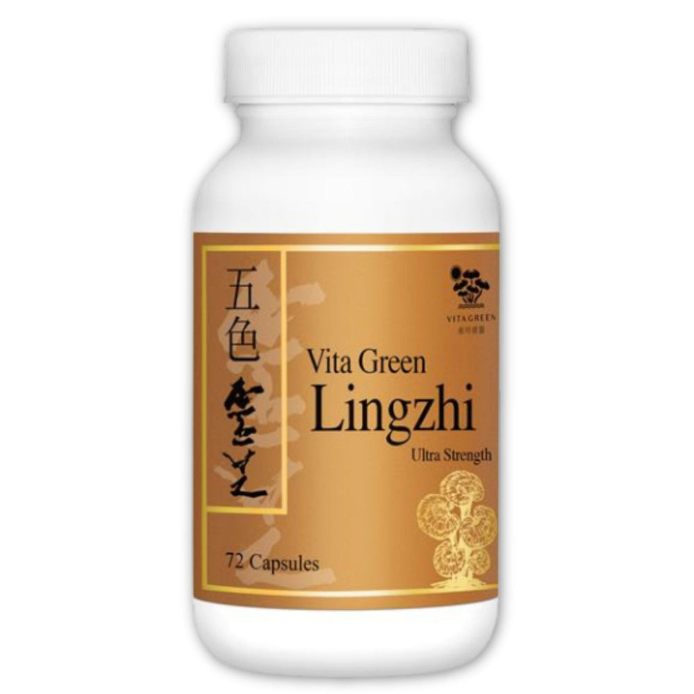 Vita Green Lingzhi capsules in a bottle for daily wellness and energy support.