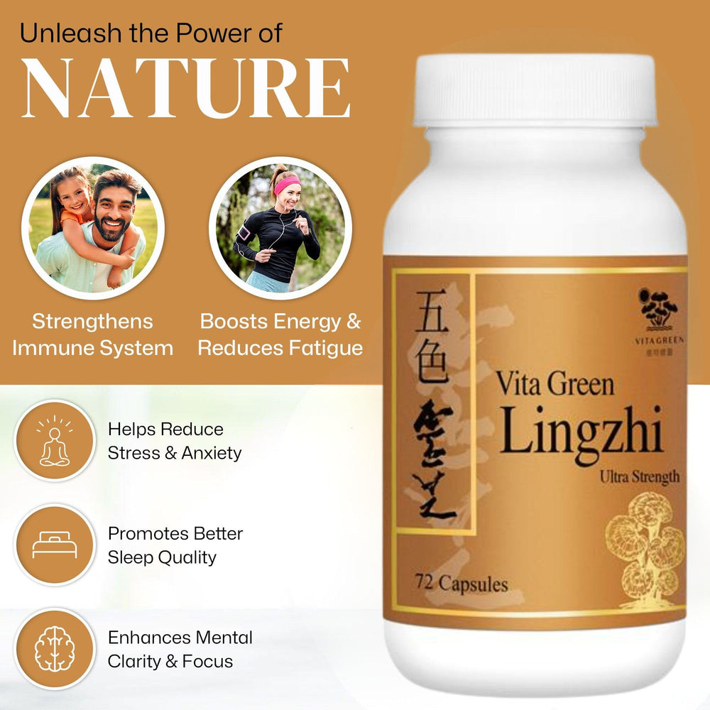Close-up pour of Vita Green Lingzhi capsules for convenient daily use.