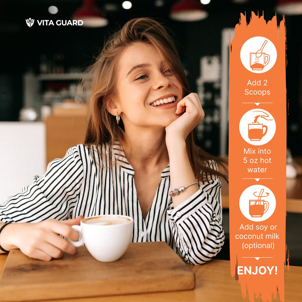 Vita Guard 10 Mushroom Coffee jar label details highlight a ten-mushroom blend.