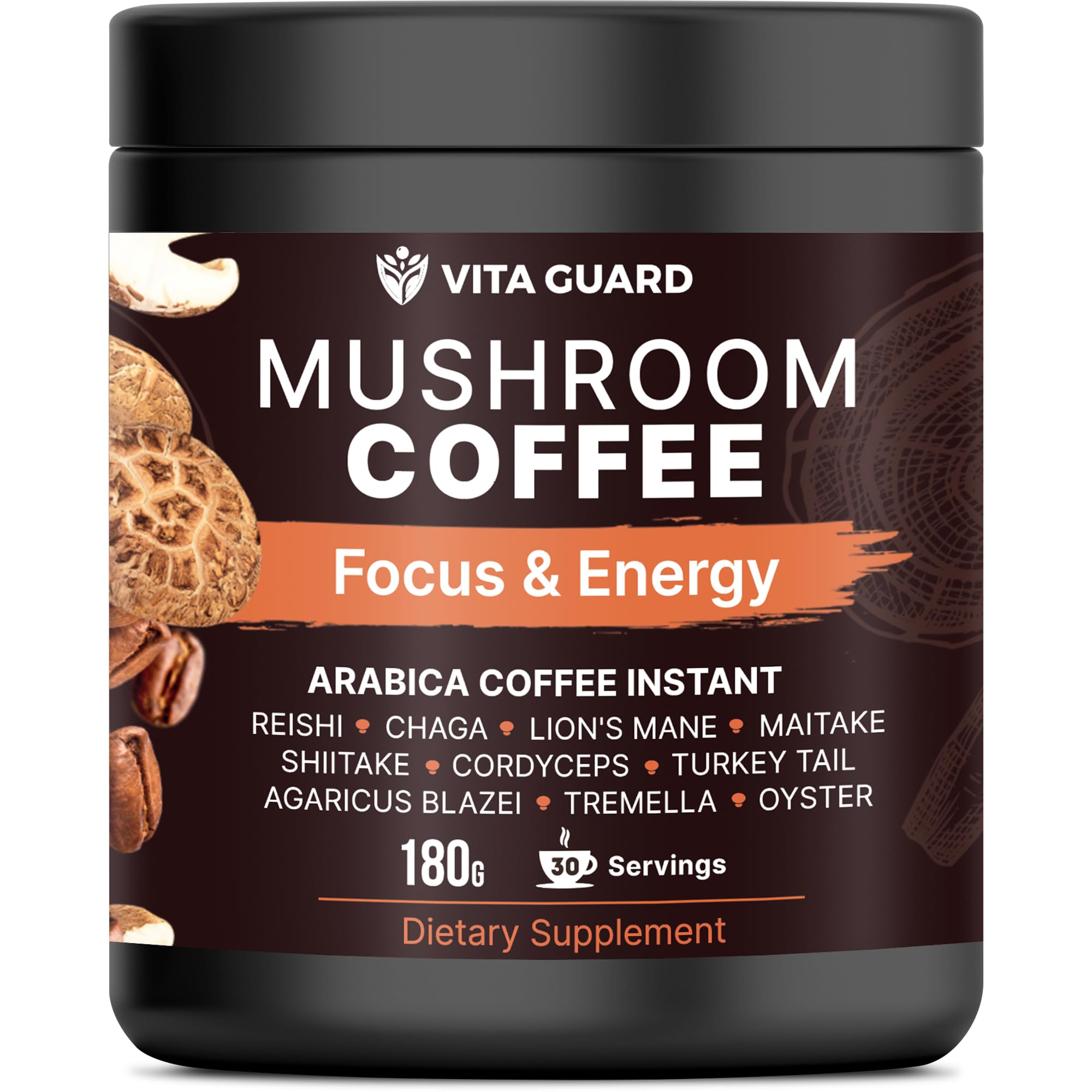 Vita Guard 10 Mushroom Coffee front label showing premium Arabica for smooth taste and focus.