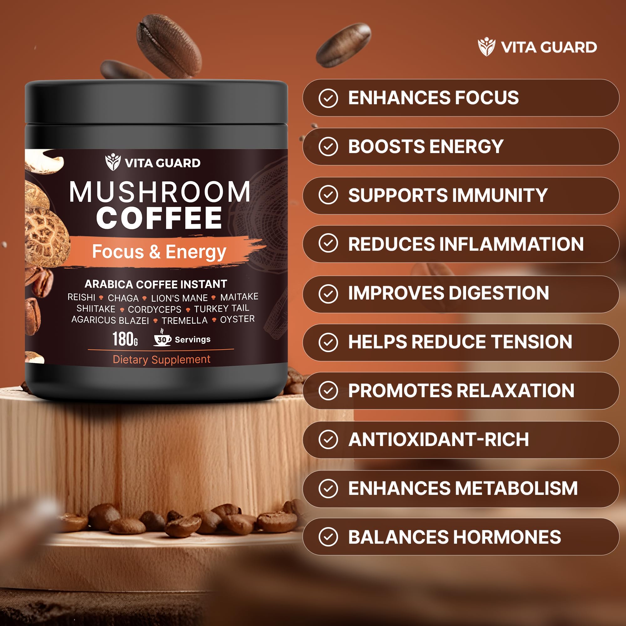 Vita Guard 10 Mushroom Coffee mushroom variety close-up emphasizing immune wellness options.