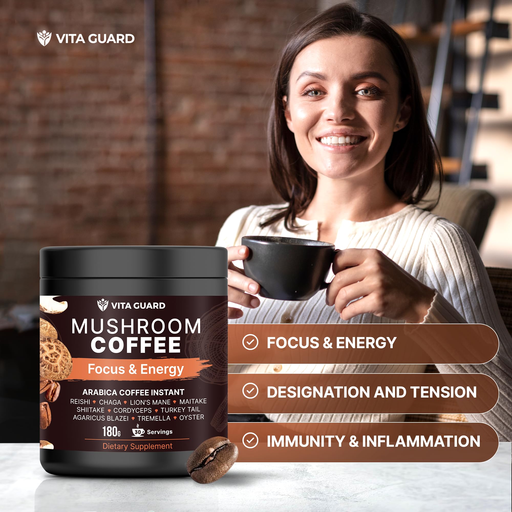 Vita Guard 10 Mushroom Coffee steam and latte art evoke cozy morning ritual.