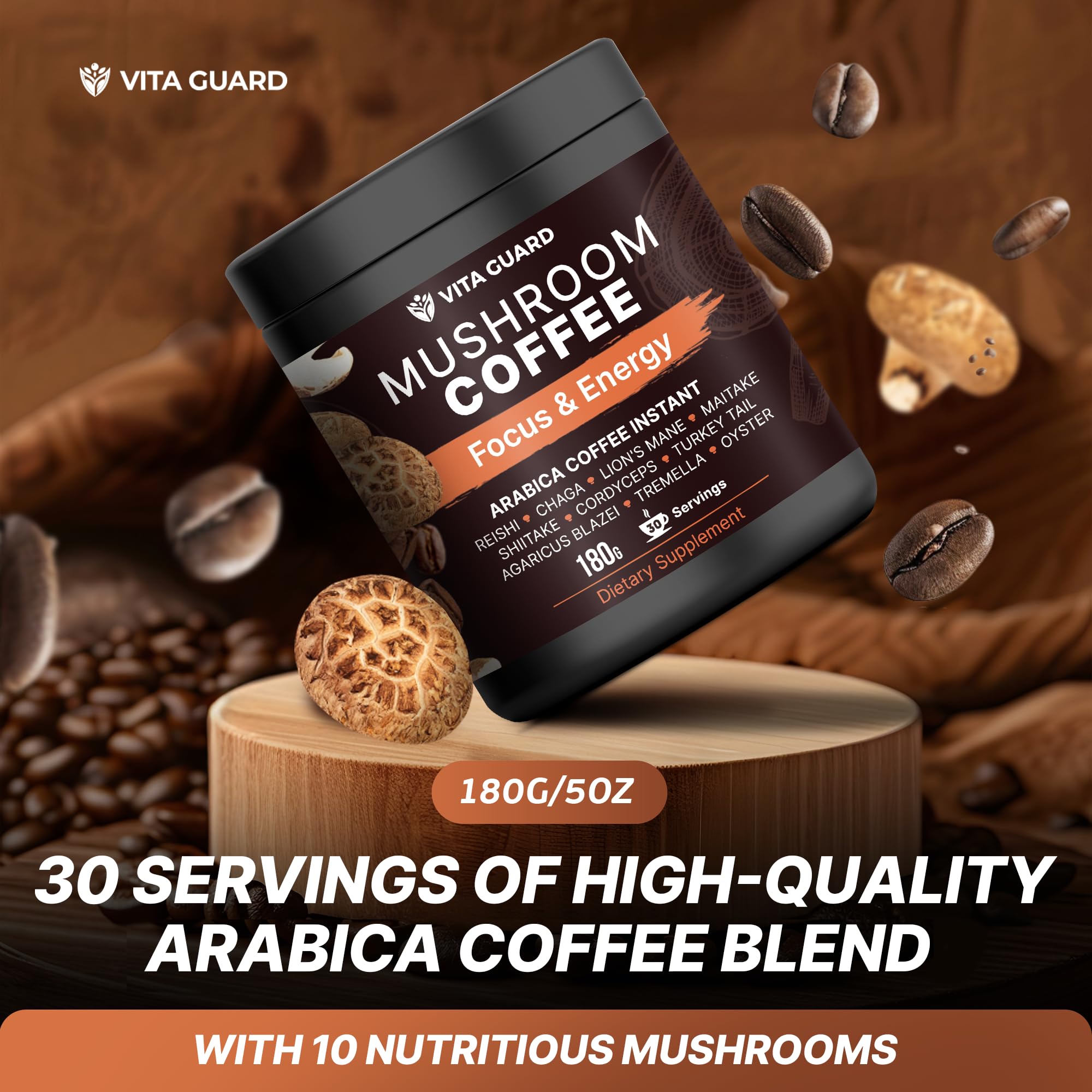 Vita Guard 10 Mushroom Coffee travel mug scene shows on-the-go convenience.
