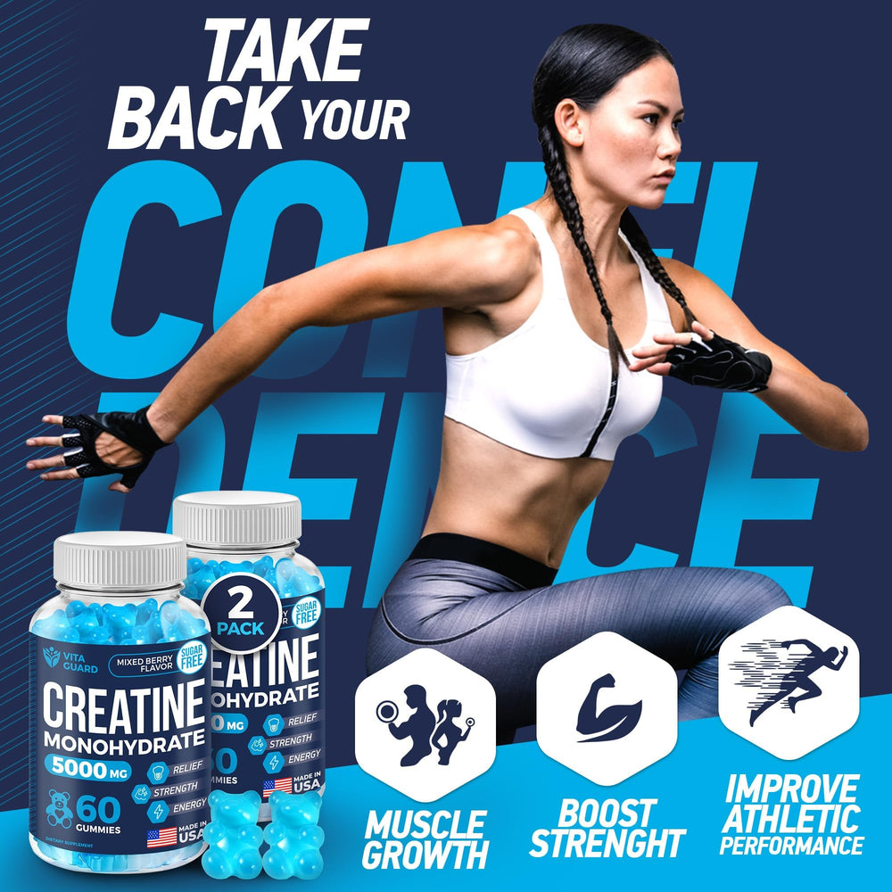 Vita Guard Creatine Gummies label highlights 5000mg strength and benefits.