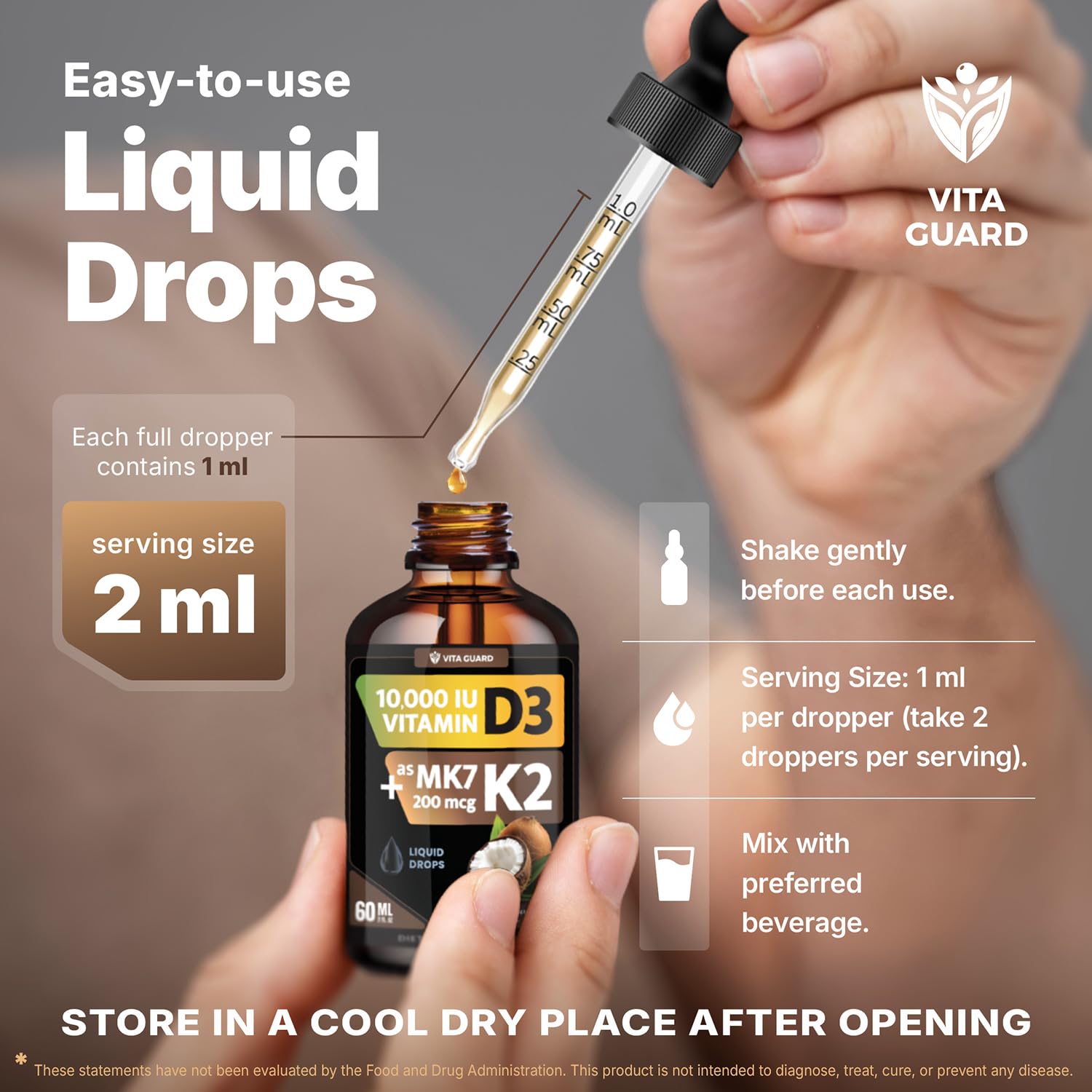 Amber glass Vita Guard D3 K2 bottle signals premium packaging.