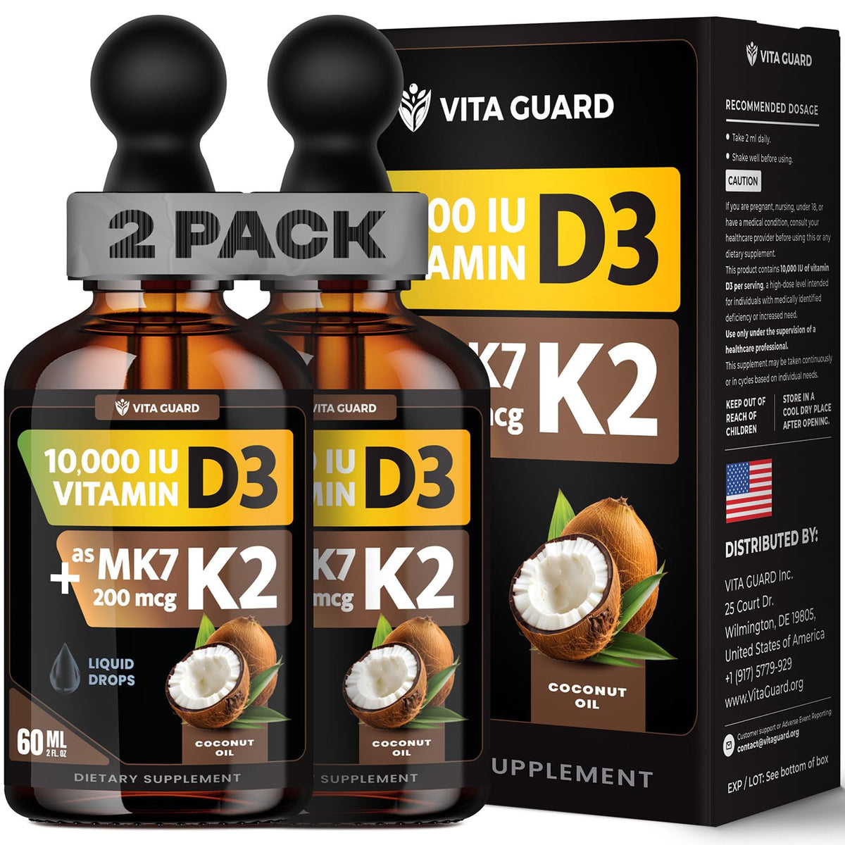Vita Guard D3 K2 liquid drops bottle highlights potency for bone support.