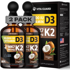Vita Guard D3 K2 liquid drops bottle highlights potency for bone support.