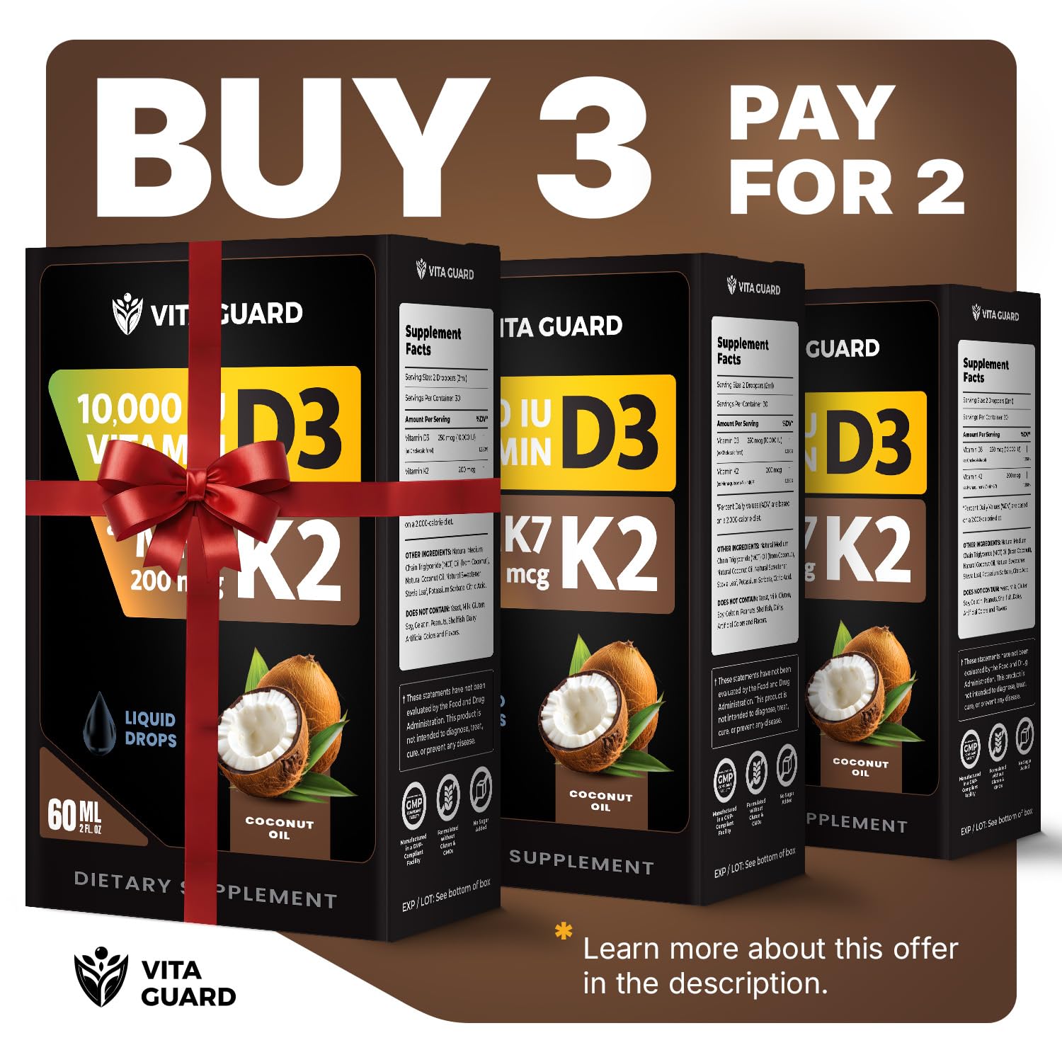 Vita Guard D3 K2 liquid drops dropper enables precise, fast absorption.