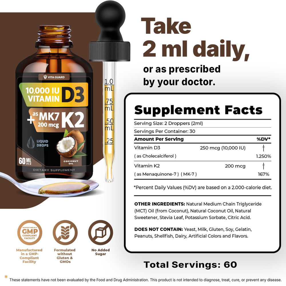 Vita Guard D3 K2 drops blend with coconut oil for better uptake.