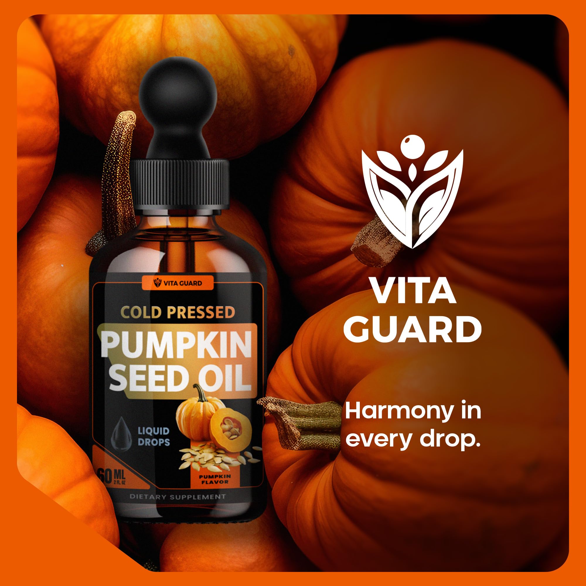 Daily-use ritual with Vita Guard pumpkin seed oil drops.