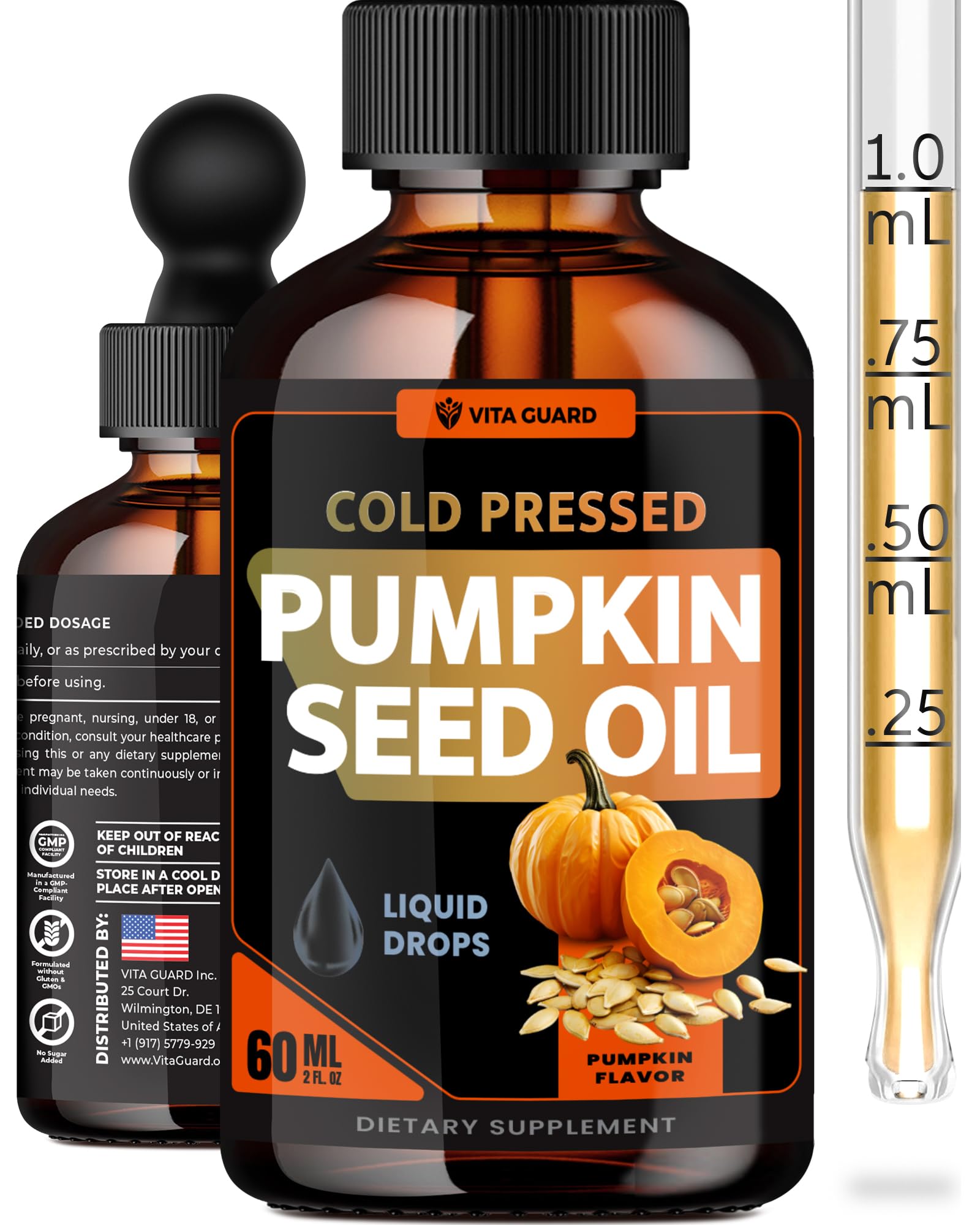 Vita Guard pumpkin seed oil bottle pour for easy daily use and wellness.