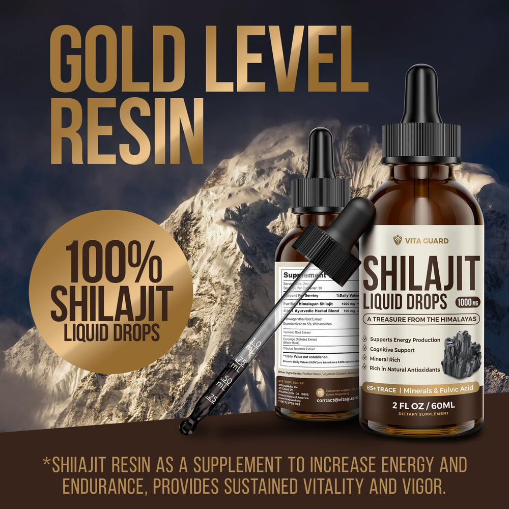Desk scene with Vita Guard Shilajit bottle and glass.