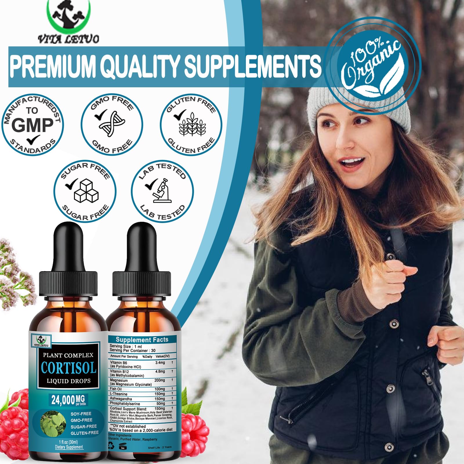 Vita Letuo Cortisol Drops bottle on table with clean setup.