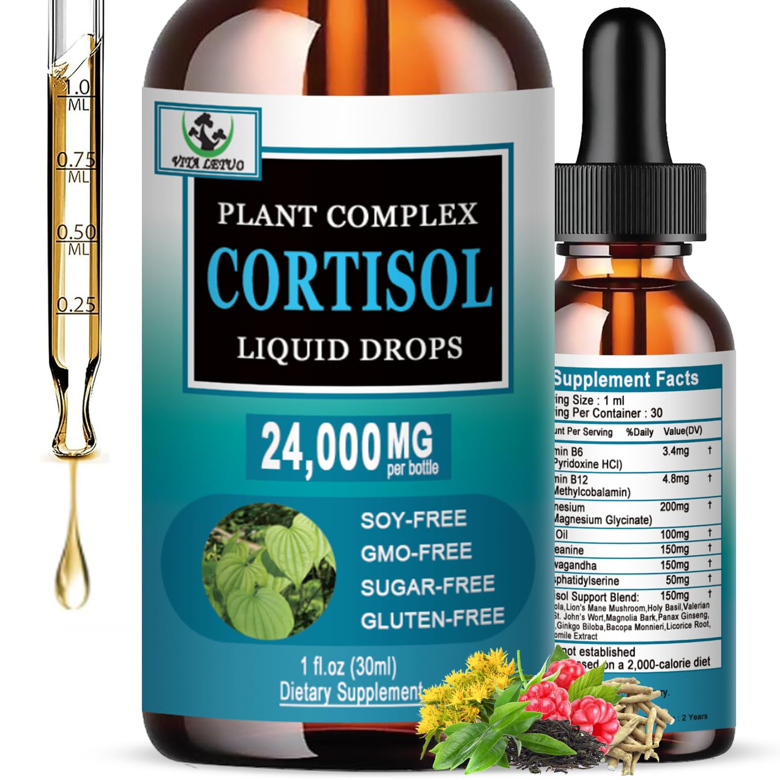 Vita Letuo Cortisol Drops bottle showing stress support and focus.