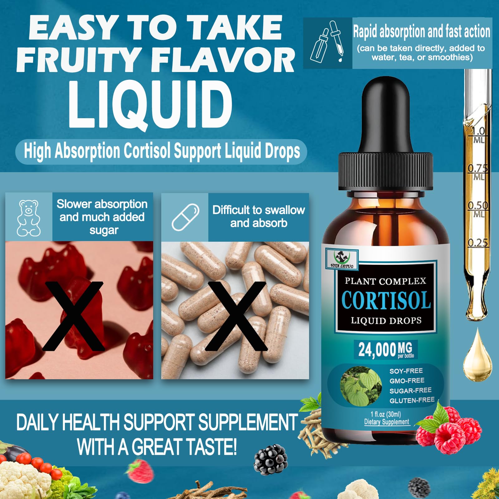 Close-up of Vita Letuo cortisol drops dropper in use.