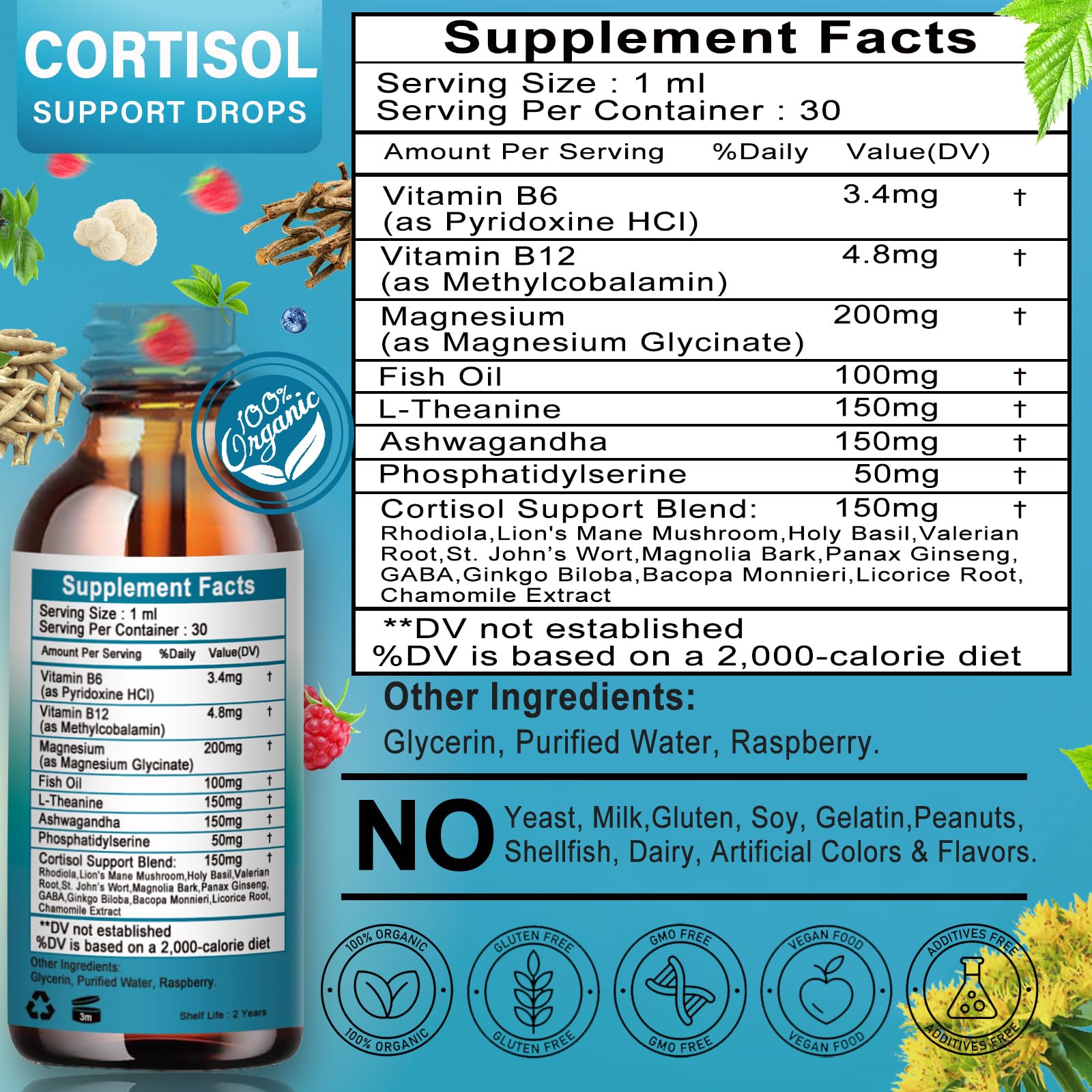Vita Letuo Cortisol Drops packaging box with non-GMO claim.