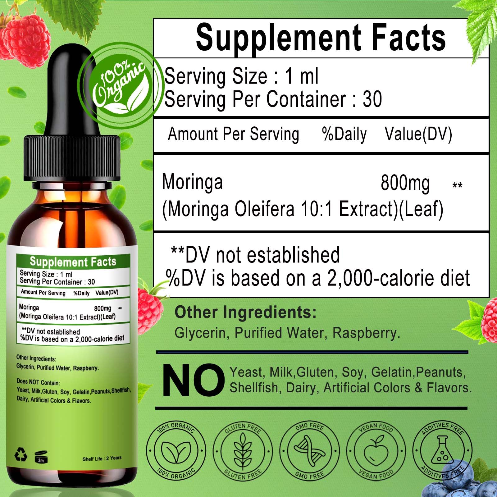 Vita Letuo Moringa liquid drops packaging highlights GMP-certified, GMO-free formulation.