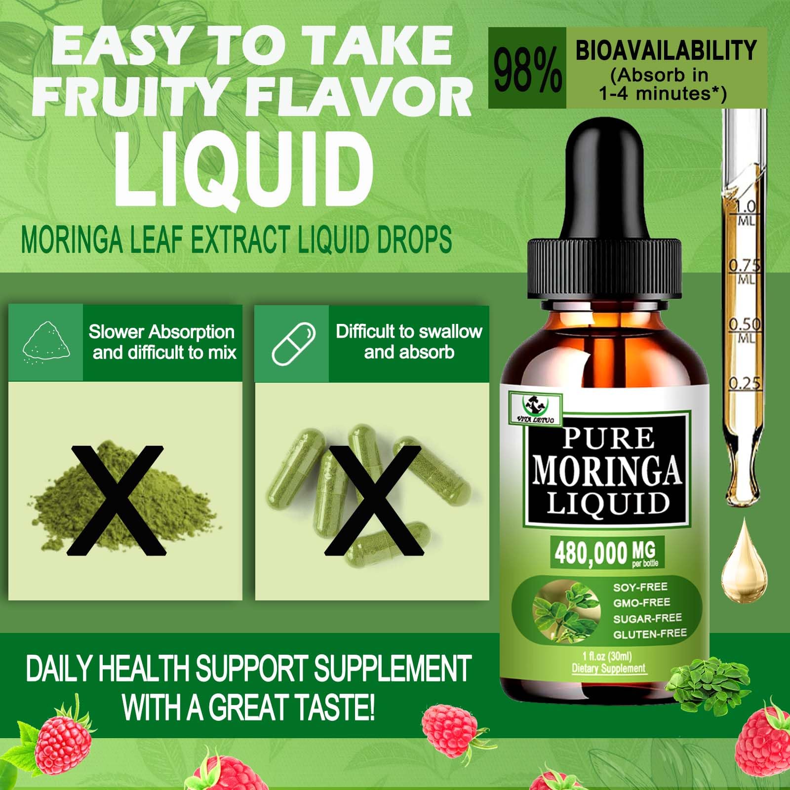 Vita Letuo Moringa liquid drops blended into a smoothie for a quick wellness boost.