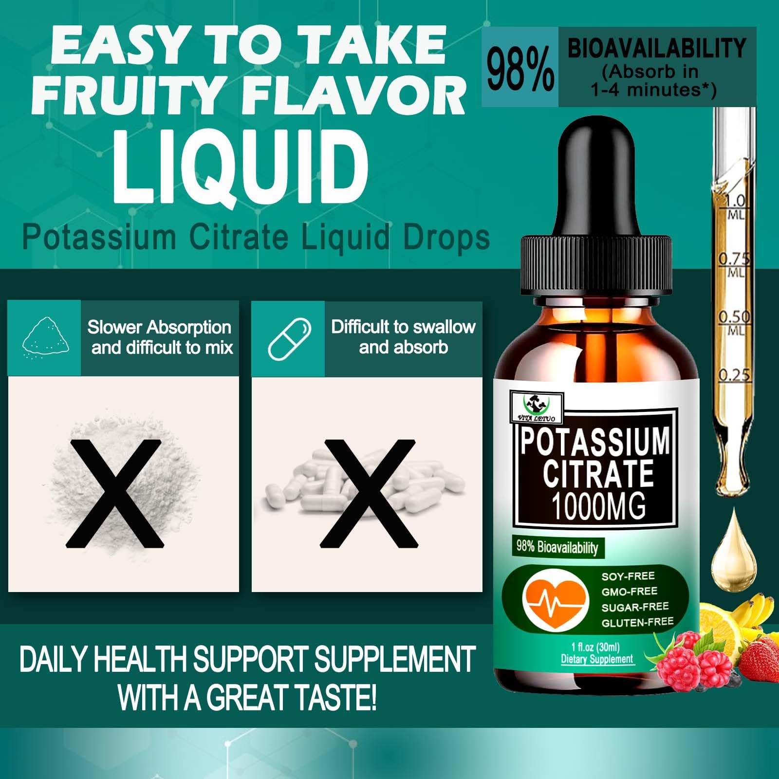 Vita Letuo packaging emphasizes plant-based, high-purity liquid potassium.