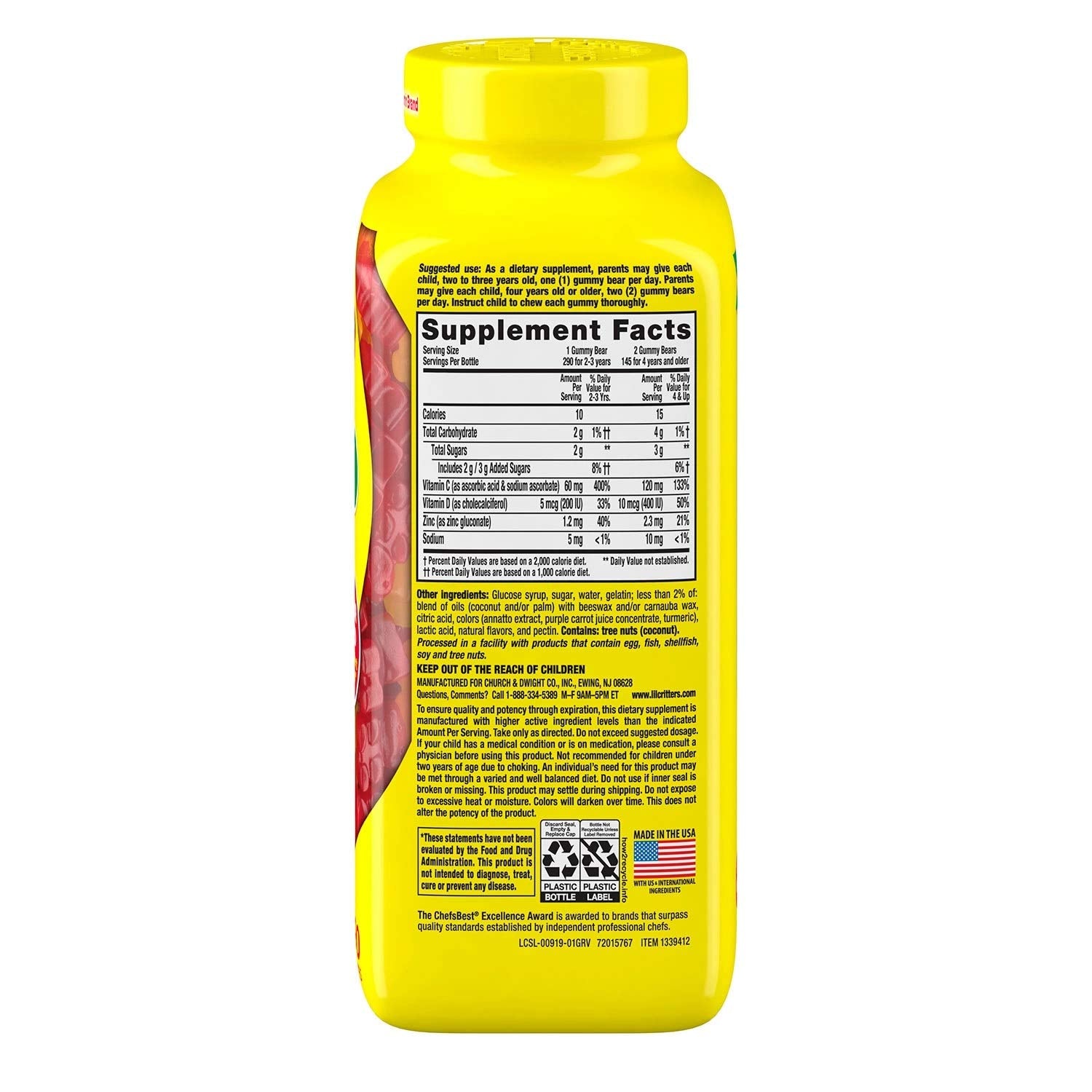 Bottle shot of Vita L'il Critter immunity gummies for daily use.