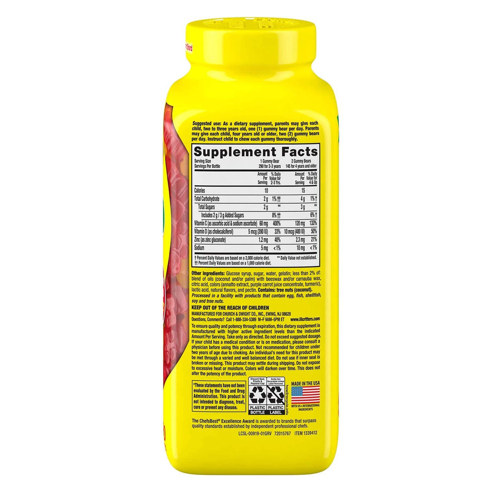 Bottle shot of Vita L'il Critter immunity gummies for daily use.