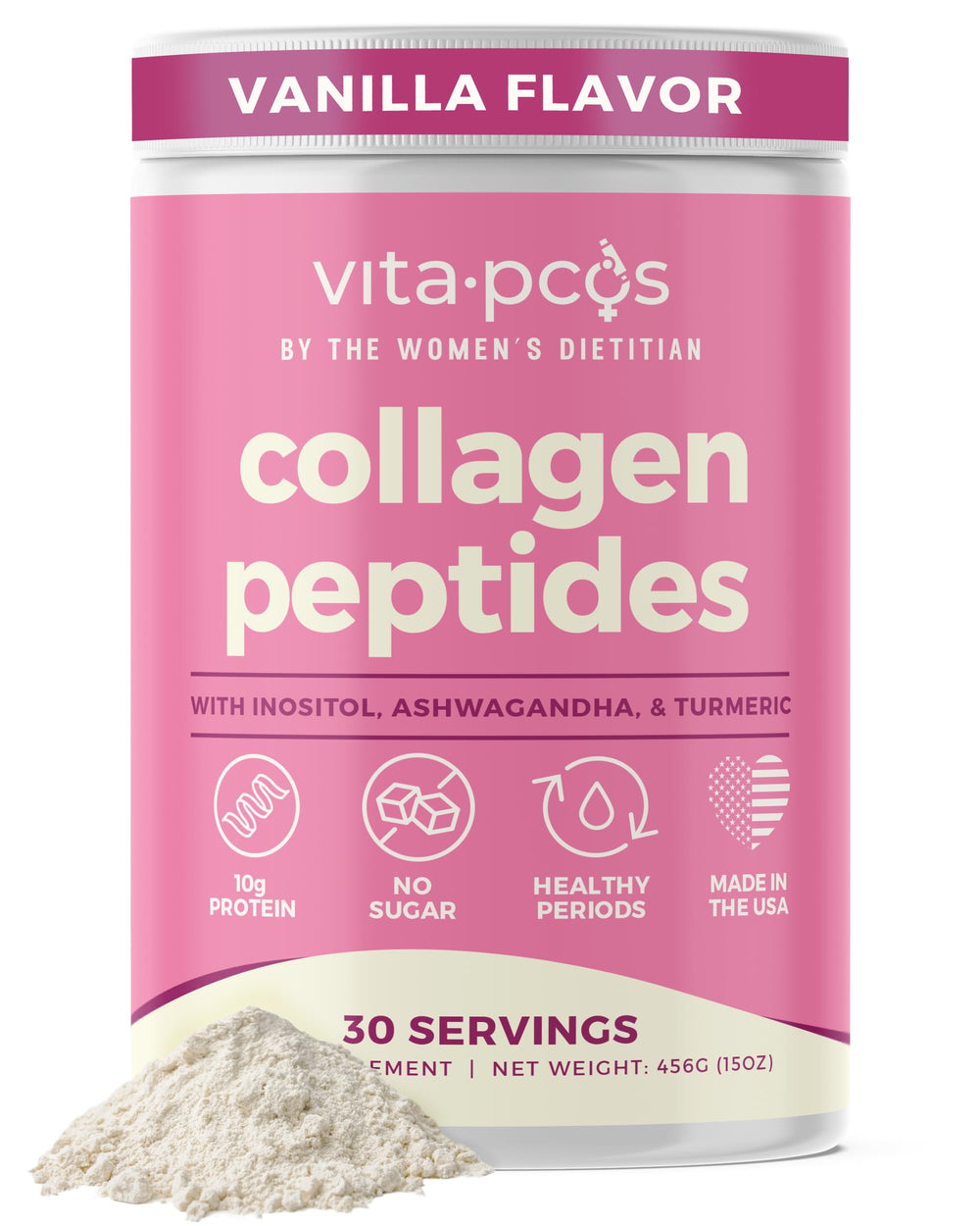VITA-PCOS collagen powder vanilla tub beside a glass, supports radiant skin and nails