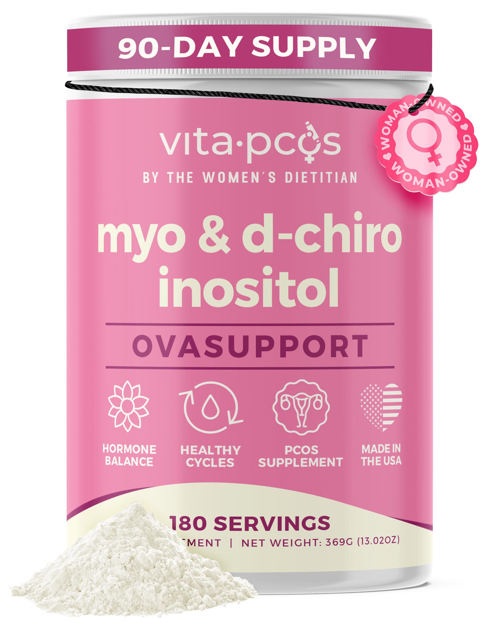 VITA-PCOS bottle with unflavored Myo-Inositol and D-Chiro Inositol for daily use.