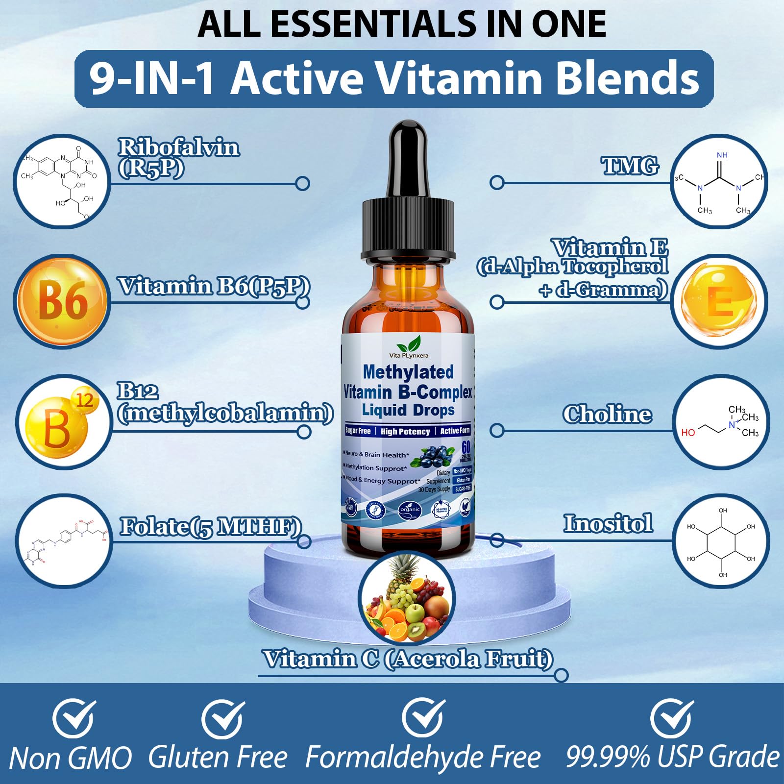 Dropper releasing Vita Plynxera drops into a glass for easy dosing.