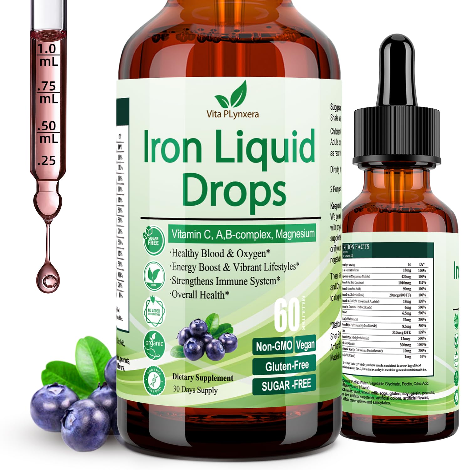 Vita PLynxera iron drops in glass showing color and texture.