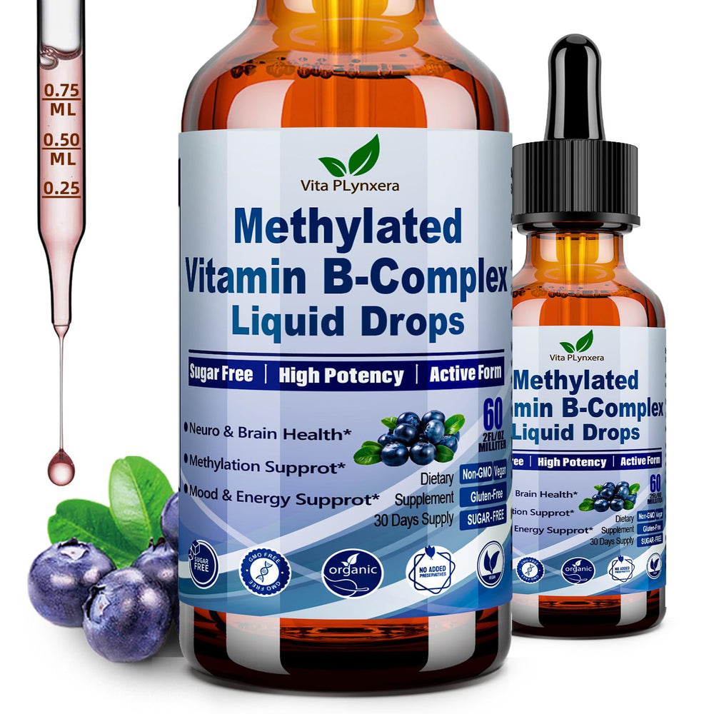 Vita Plynxera methylated B complex drops with blueberry flavor for daily energy support.