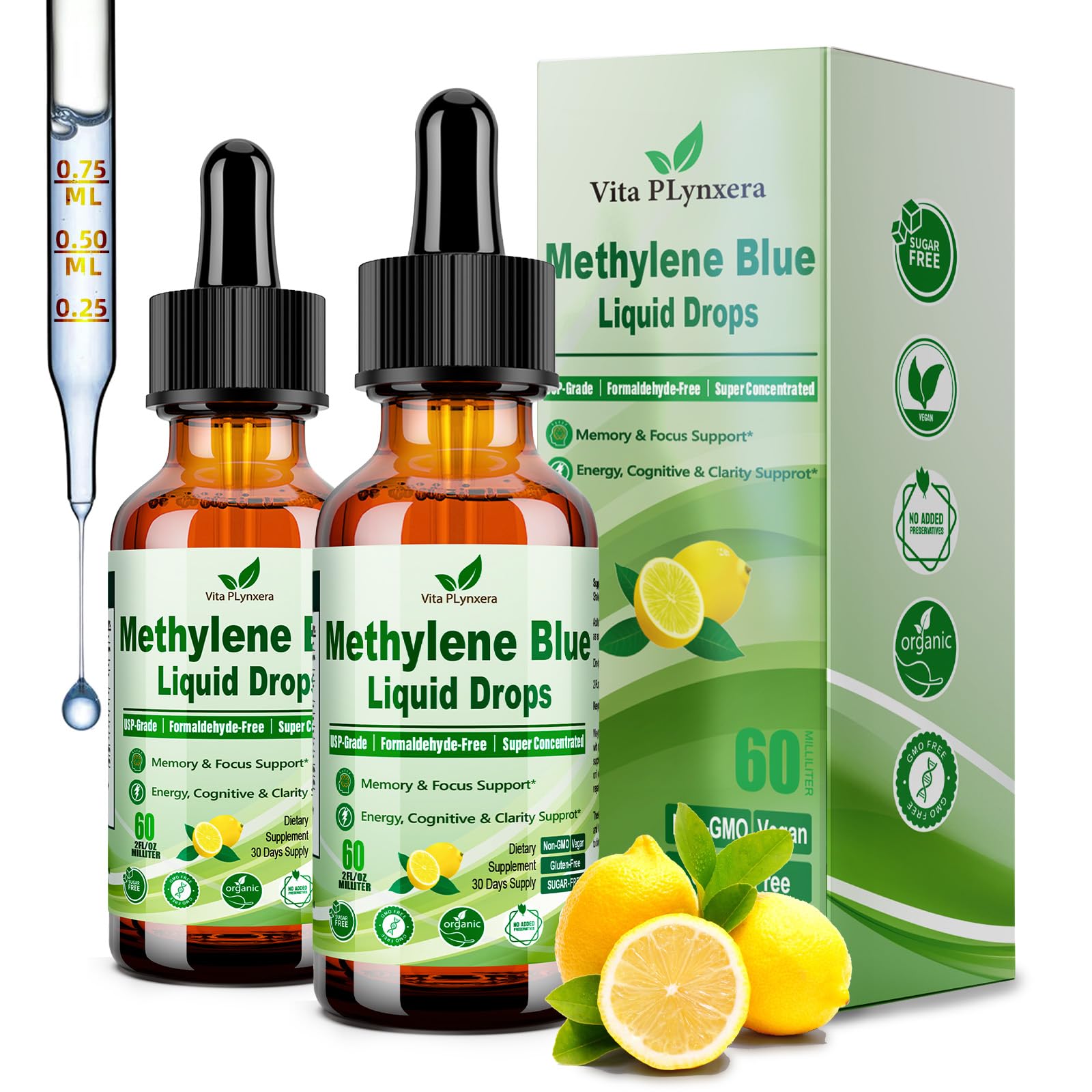 Vita PLynxera methylene blue drops bottle for clarity and focus