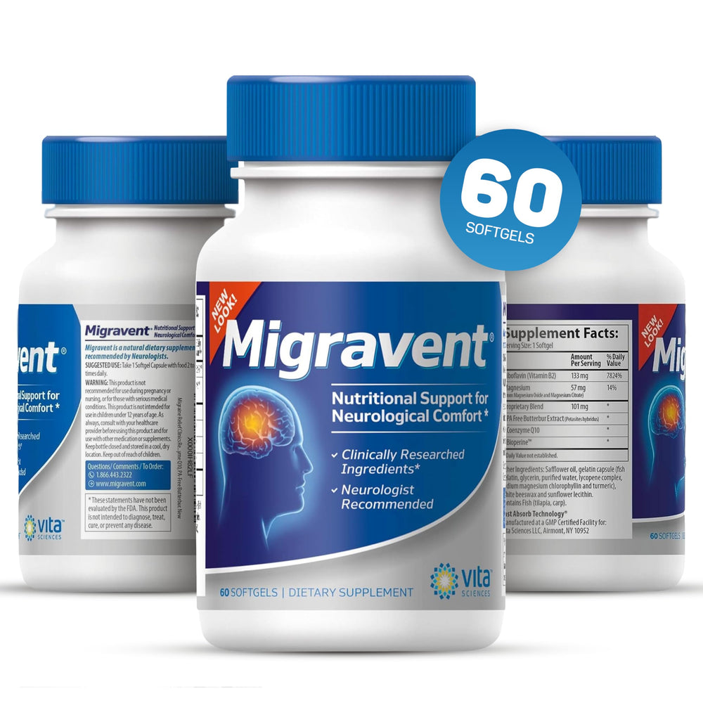 Migravent bottle beside a glass of water in daily wellness routine