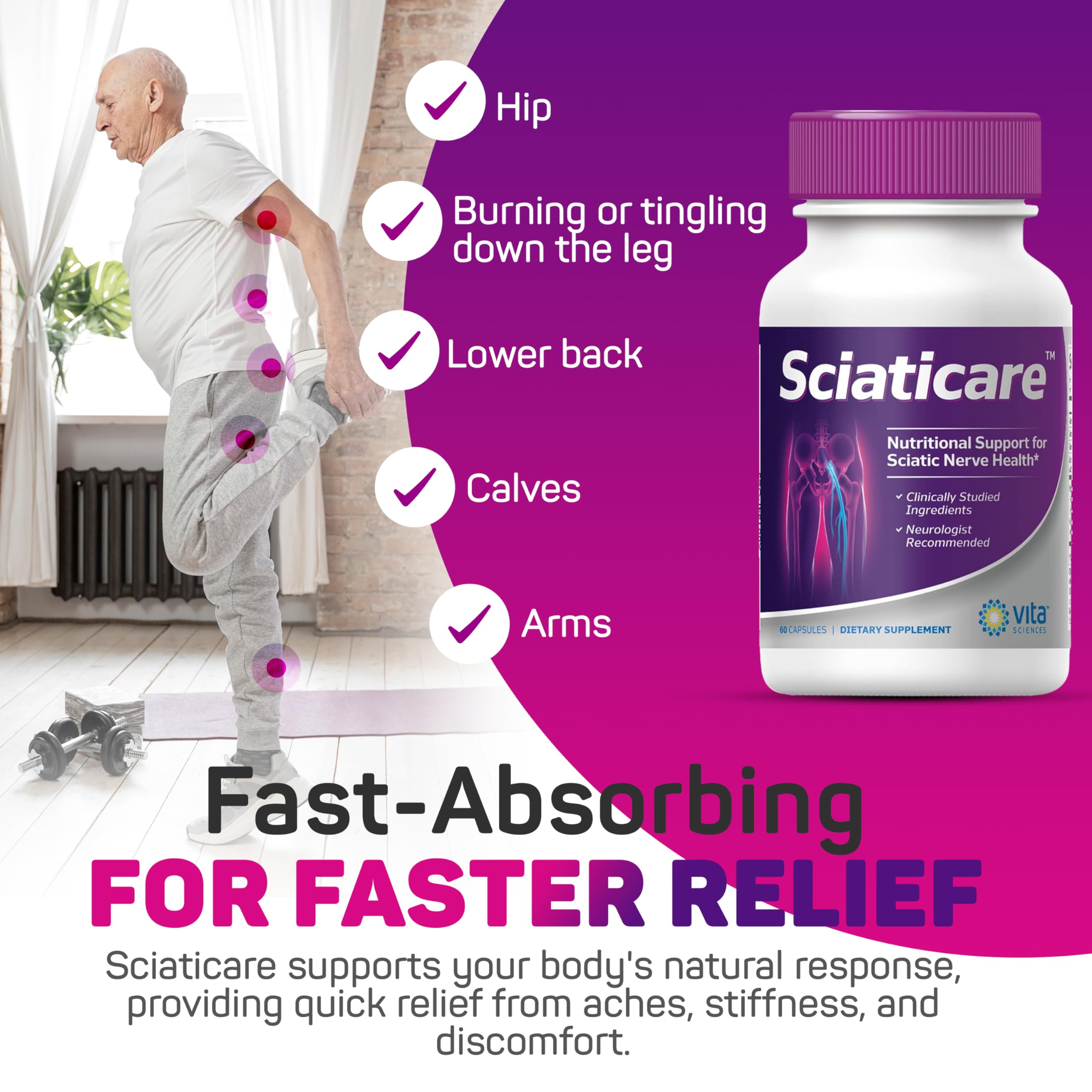 Vita Sciences Sciaticare packaging box highlights natural R-ALA benefits