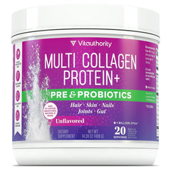 VitaAuthority Multi Collagen Probiotics bottle with unflavored powder for skin and gut support.