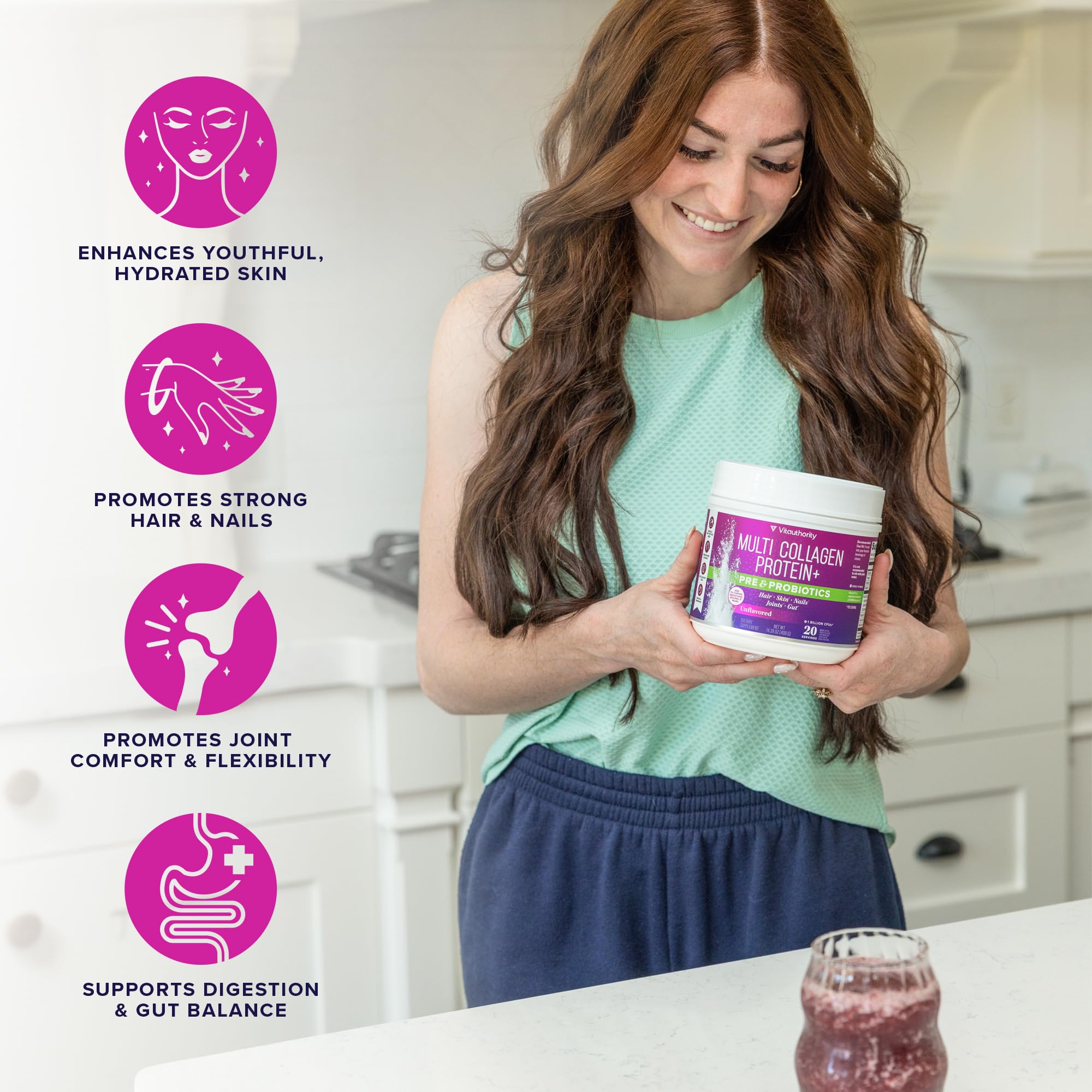 VitaAuthority label close-up highlighting collagen, prebiotic and probiotic benefits.