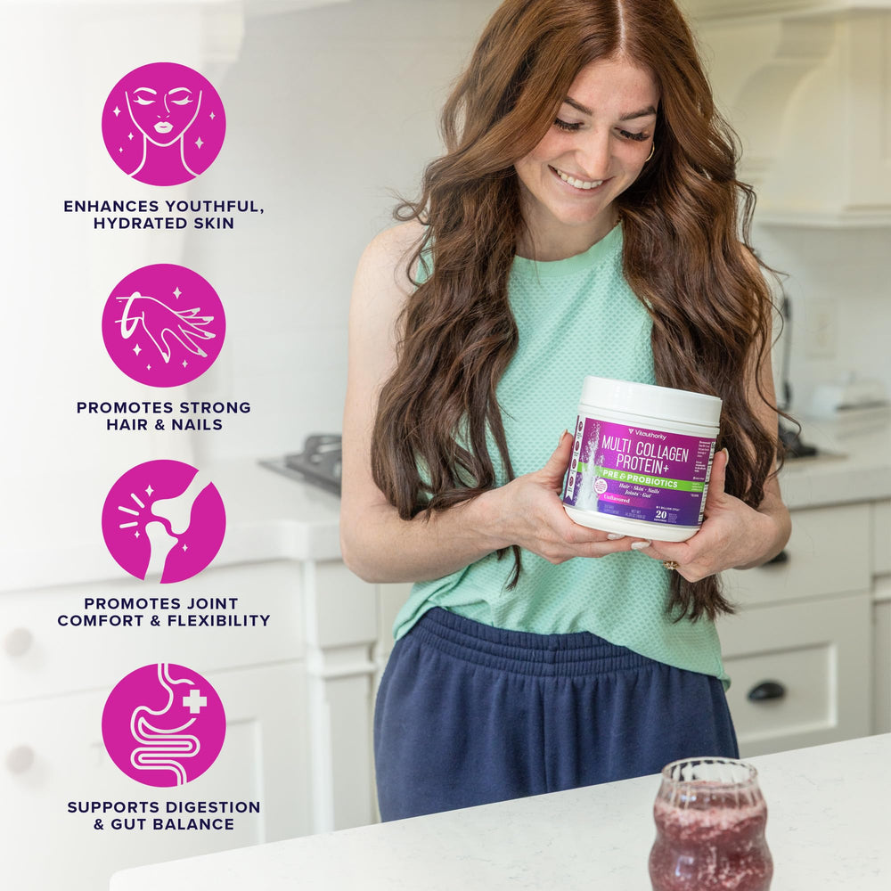 VitaAuthority label close-up highlighting collagen, prebiotic and probiotic benefits.